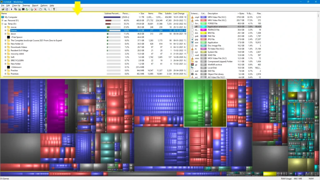Left pane listing directories and files ordered from largest to smallest disk consumers